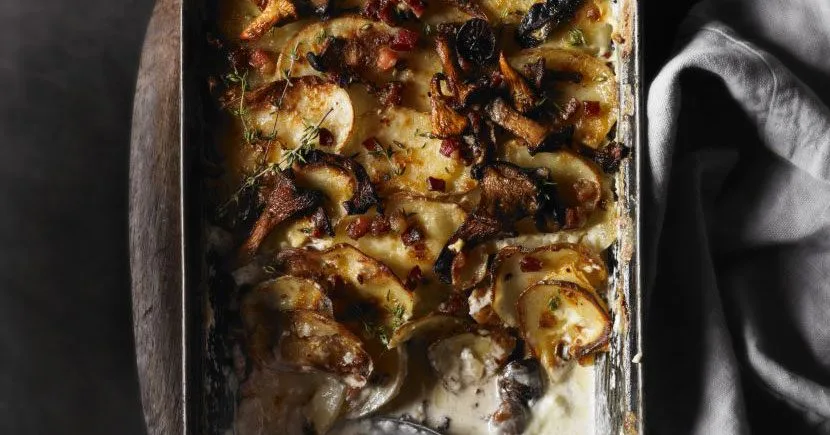 Wild mushroom, potato & pancetta gratin