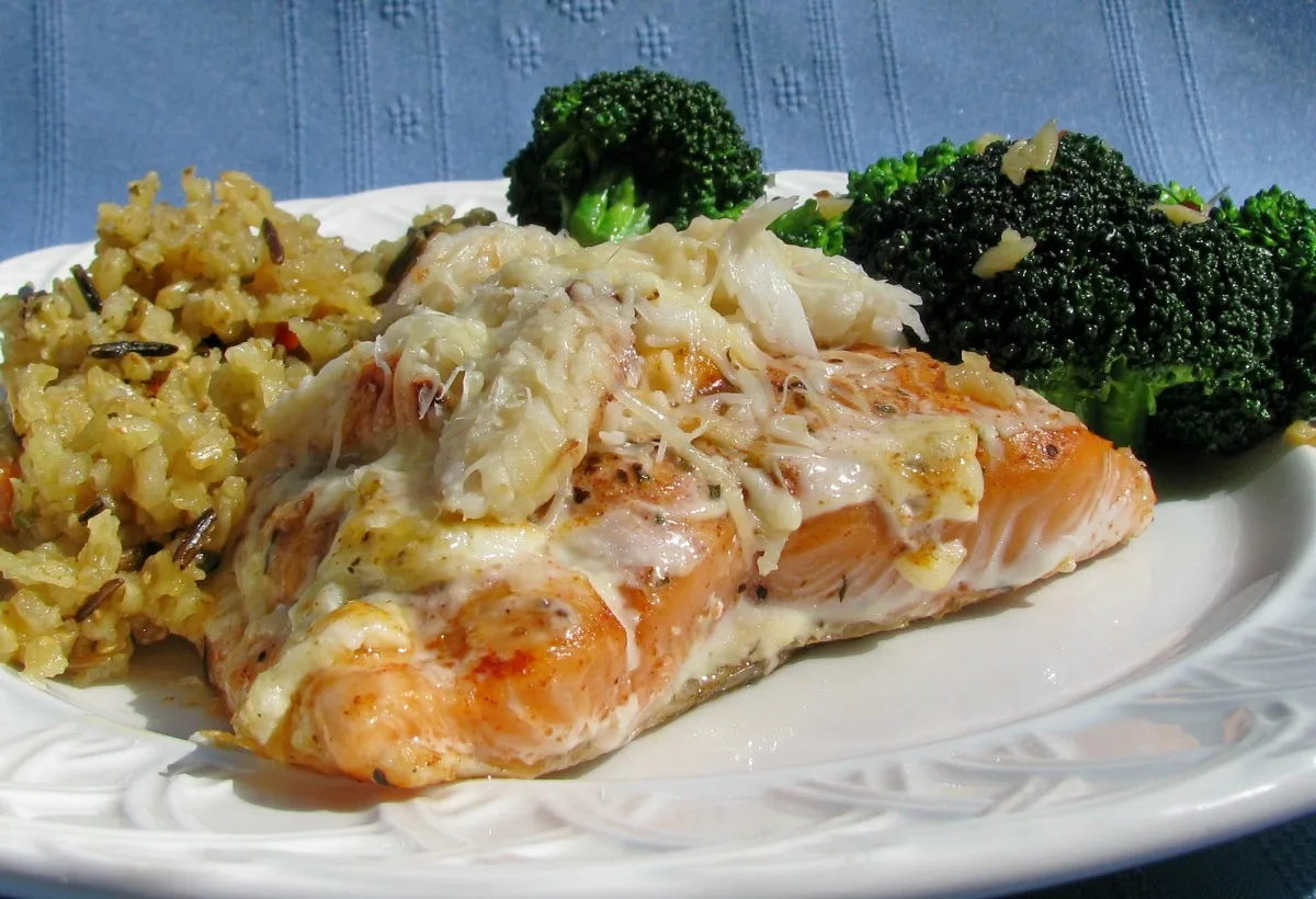 Baked Salmon Topped With Crab