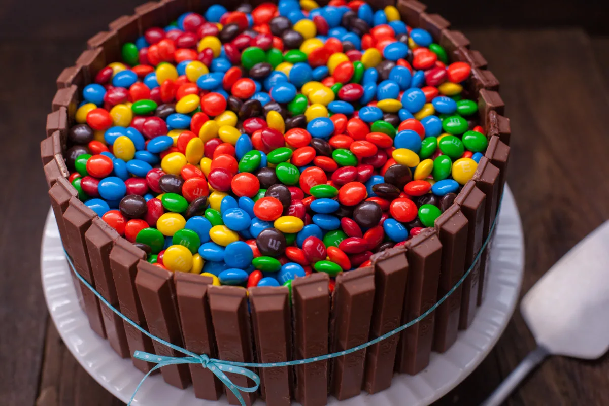 Bucket of M&M's Kit Kat Cake