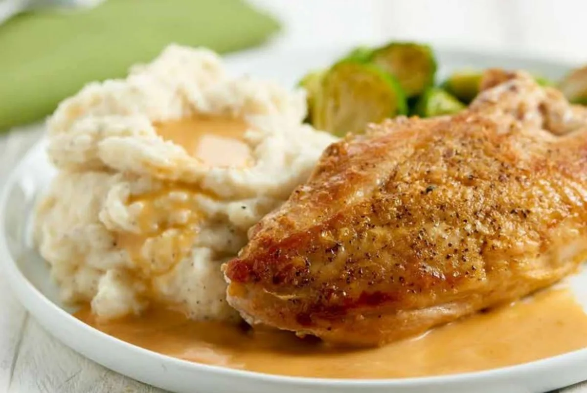 Butter Roasted Chicken, Cheesy Potatoes, and Brussels Sprouts
