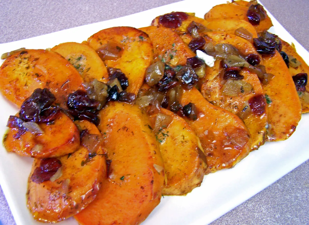 Candied Ginger Sweet Potatoes With Dried Cranberries