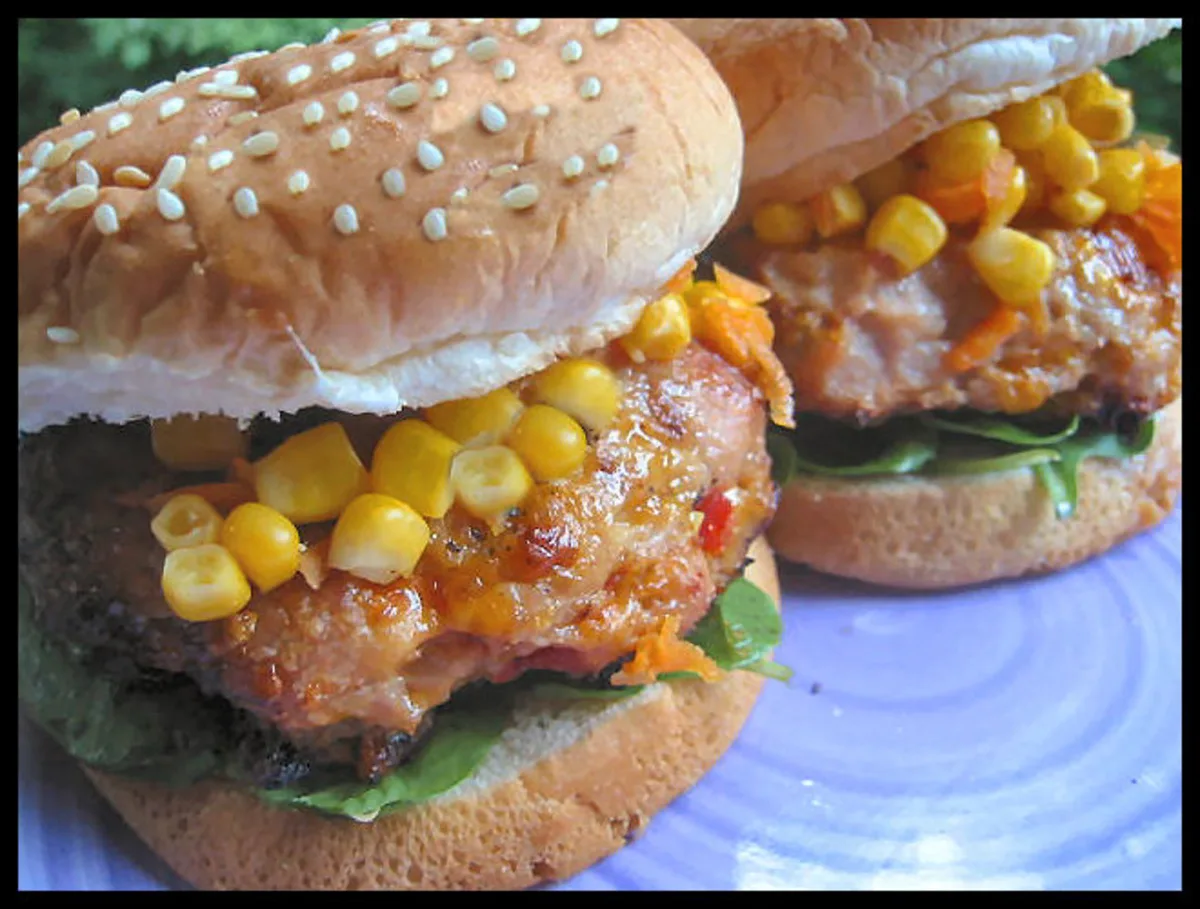 Cheesy Chicken Burger W/ Corn & Carrot Relish