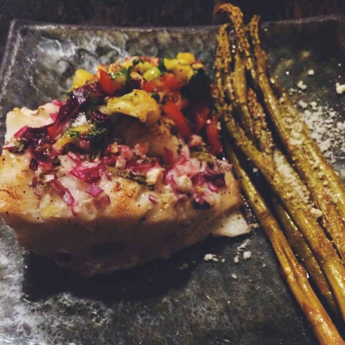 Chilean Sea Bass W/ Pineapple Mango Salsa and Steamed Asparagus