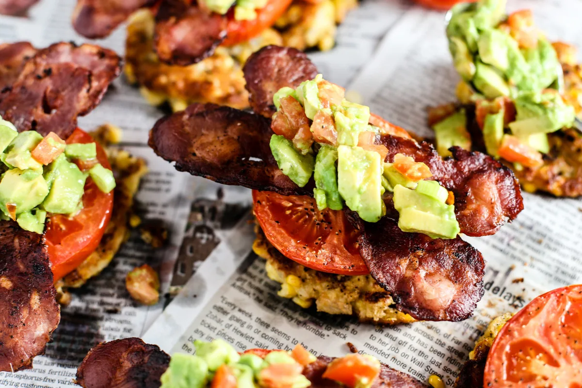 Corn Fritters With Crispy Bacon, Roasted Tomatoes & Avocado