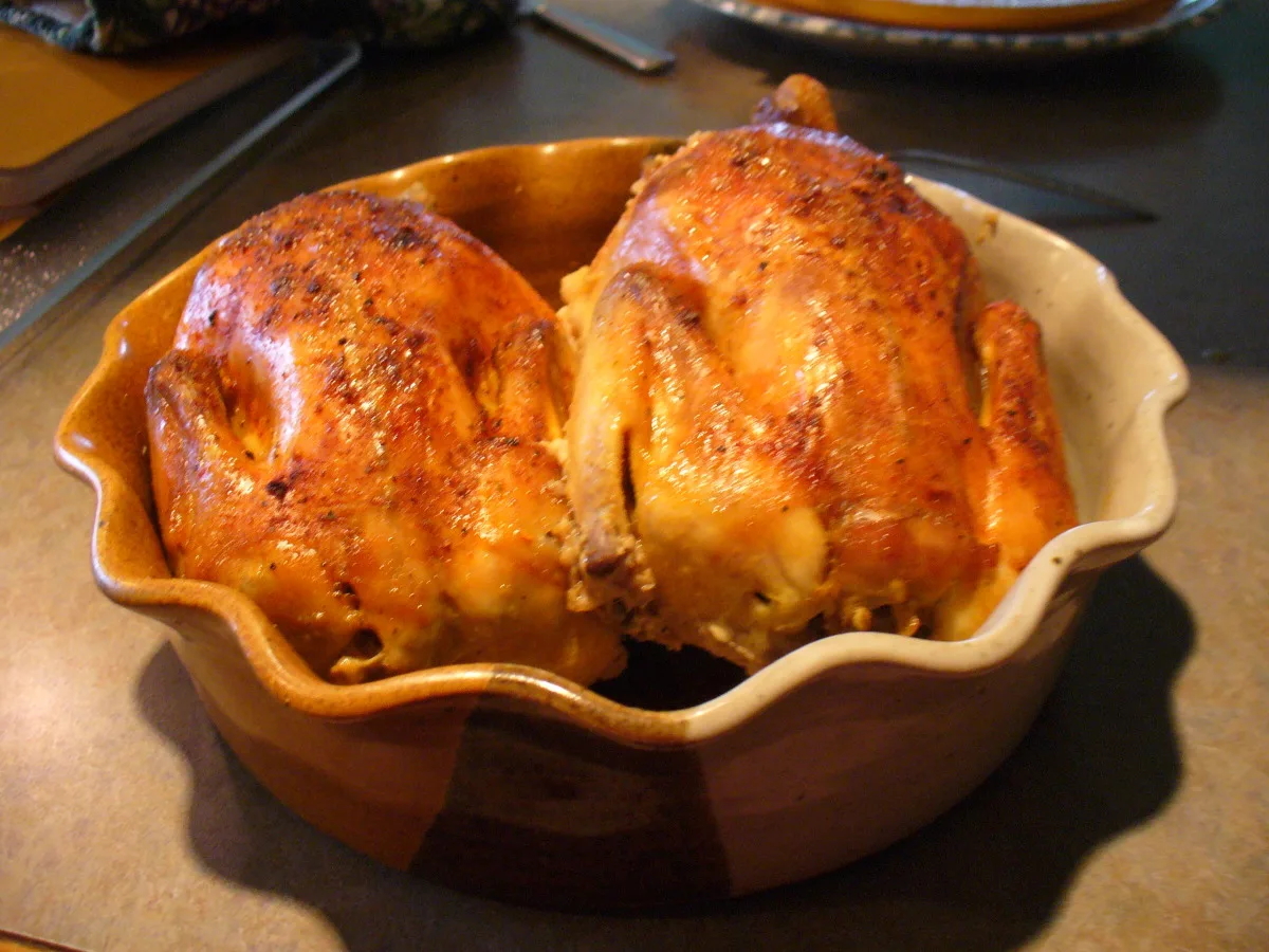 Cornish Game Hens With Garlic Cloves and Onion