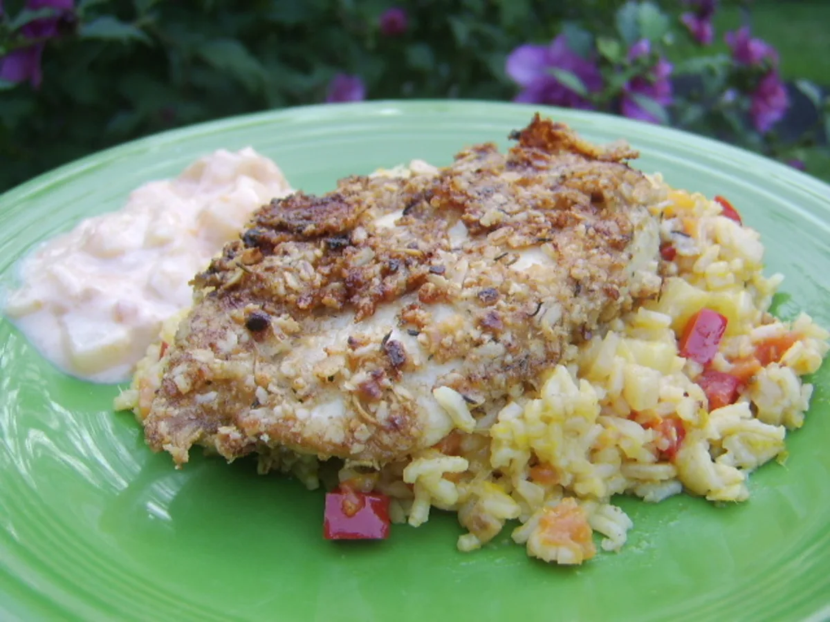 Crunchy Macadamia Nut Chicken over Tropical Fruit Paella