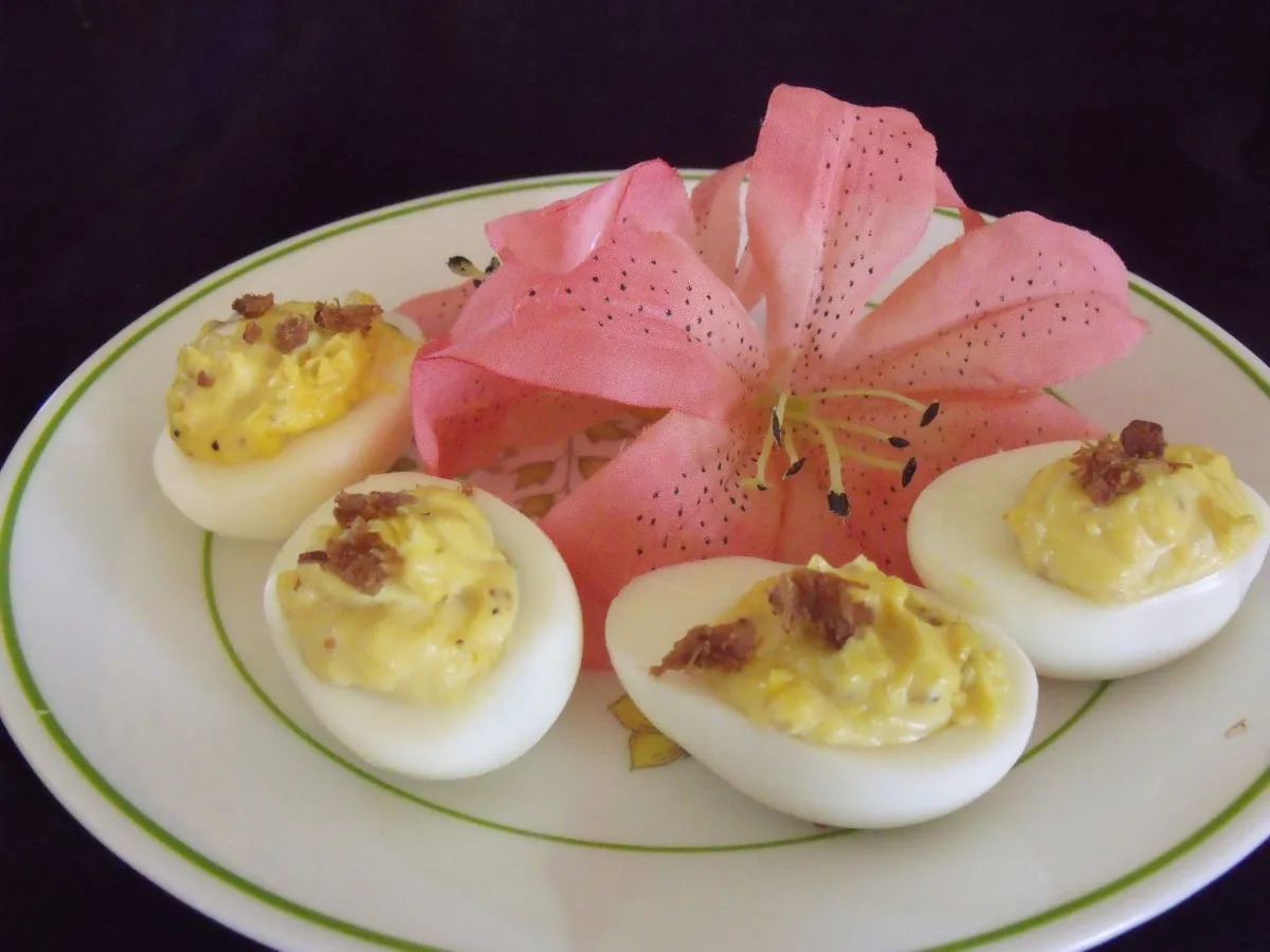 Deviled Eggs with Bacon and Cheddar Cheese