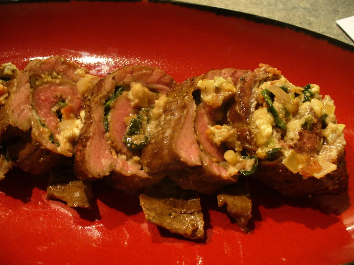 Flank Steak Stuffed With Blue Cheese, Spinach, and Bacon