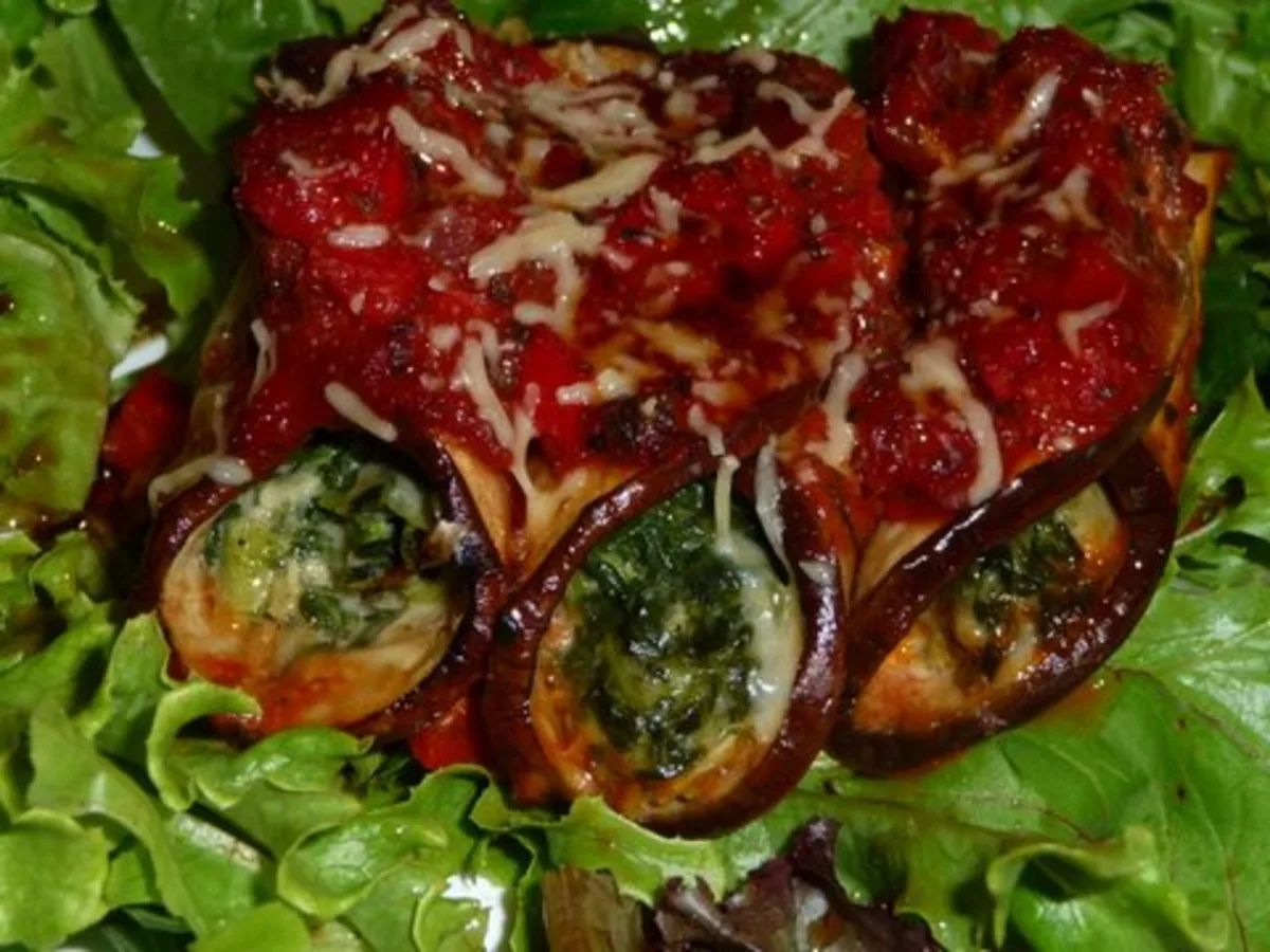 Gorgonzola Stuffed Eggplant Rolls With Mushroom Tomato Sauce