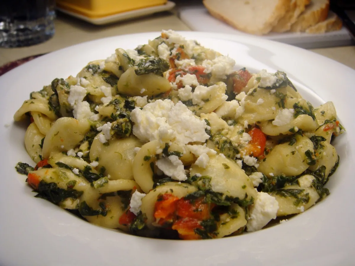 Orecchiette With Spinach, Roasted Red Pepper and Feta