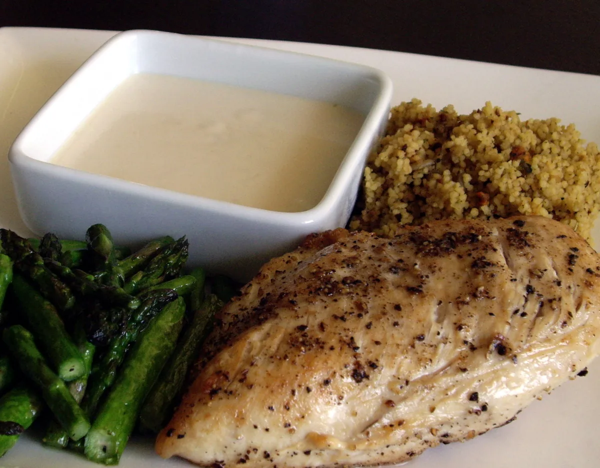 Roast Chicken With Asparagus and Tahini Sauce