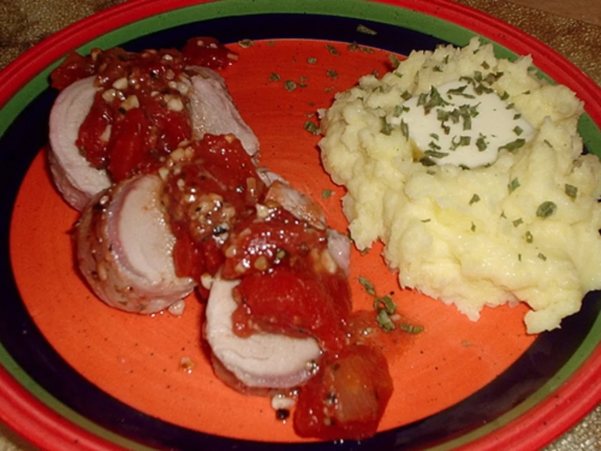 Roasted Pork Tenderloin with Garlic Mushrooms and Tomatoes