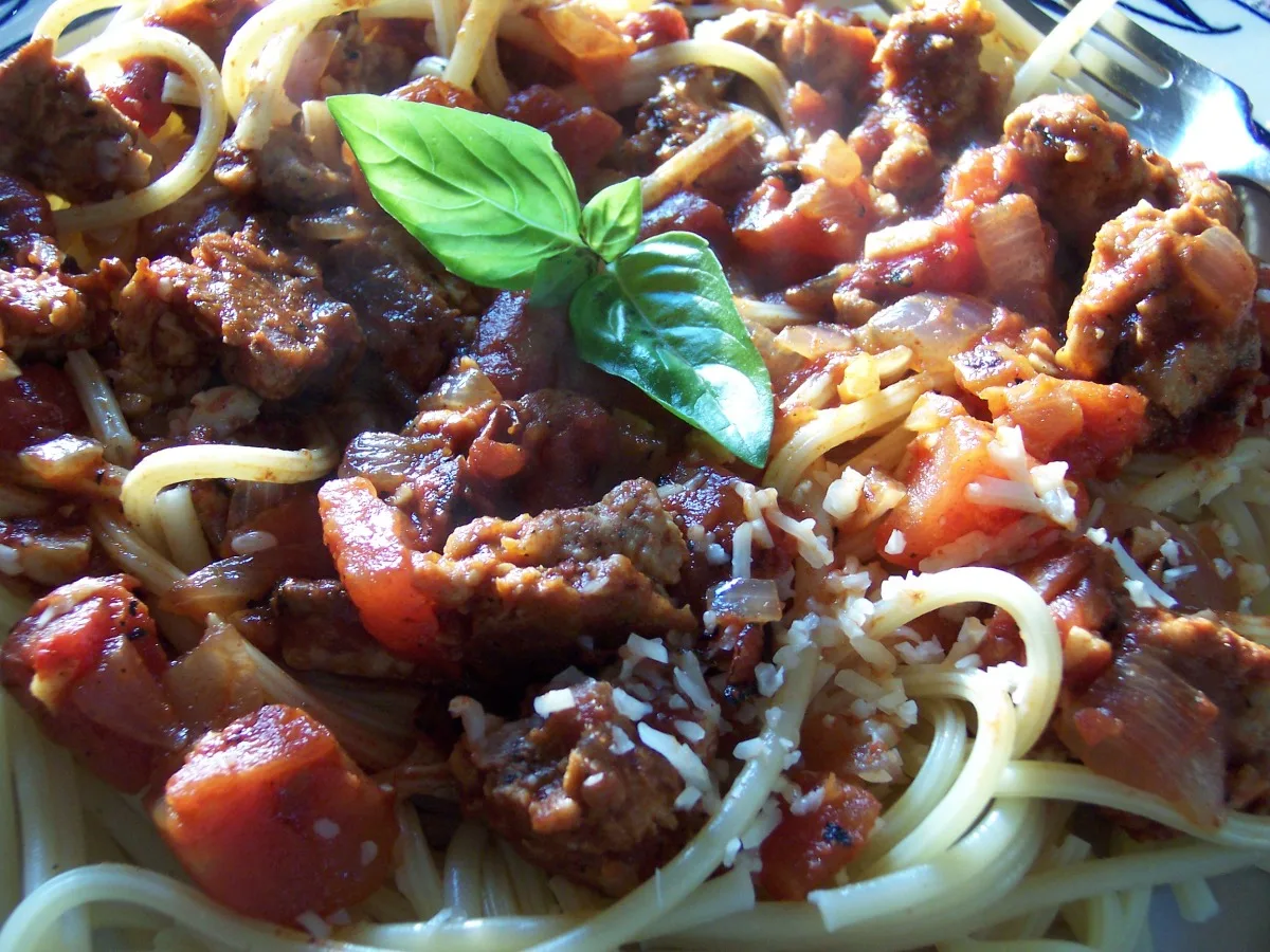 Sausage and Roasted Tomatoes on Pasta