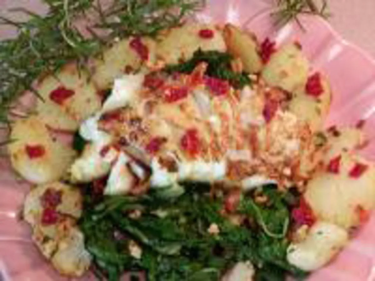 Sea Bass on a Bed of Swiss Chard and Browned Rosemary Potatoes