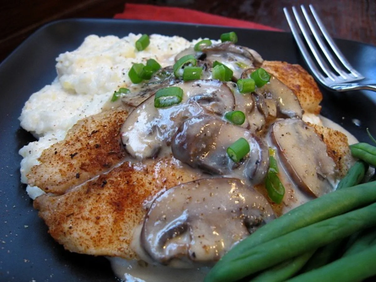 Spicy Grilled Tilapia W/ Creamy Grits or Rice and Mushroom Sauce