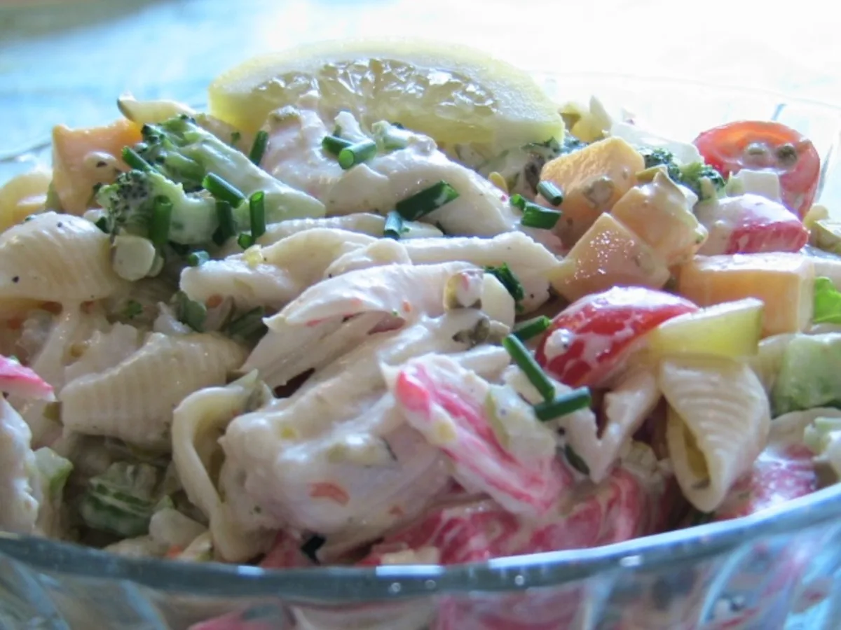 The Ultimate Creamy Chilled Seafood Pasta Salad
