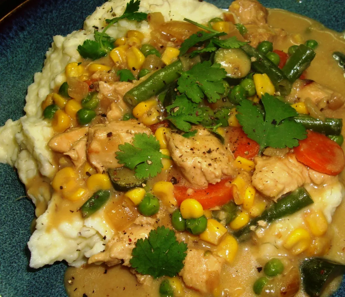 True Comfort: Chicken Pot Pie Soup over Mashed Potatoes