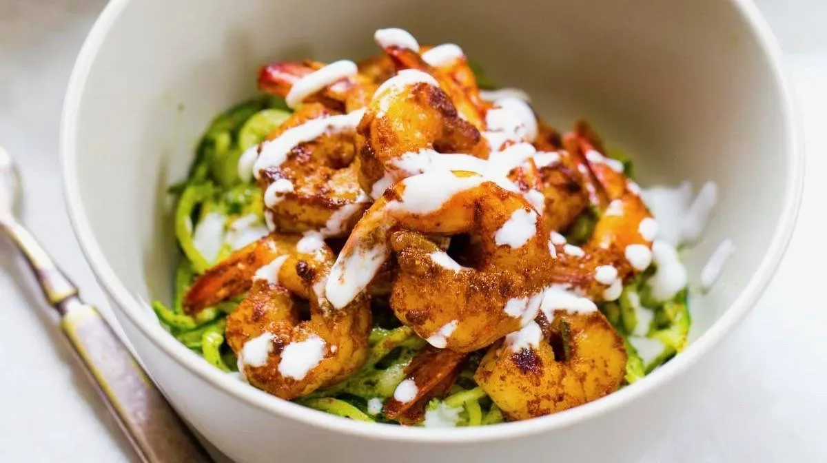 15-Minute Spicy Shrimp with Pesto Noodles