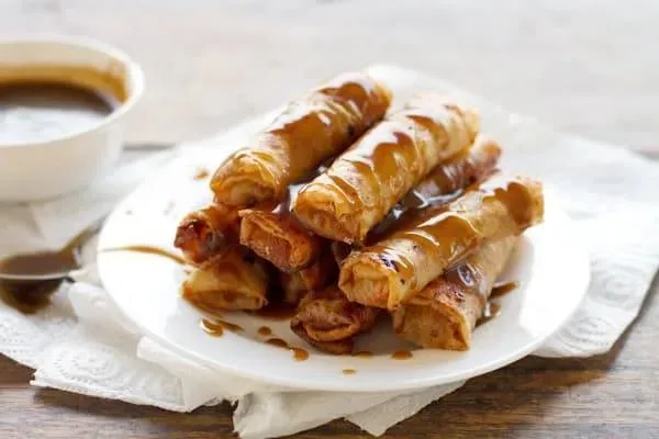 Banana Lumpia (Turon) with Coconut Caramel Sauce