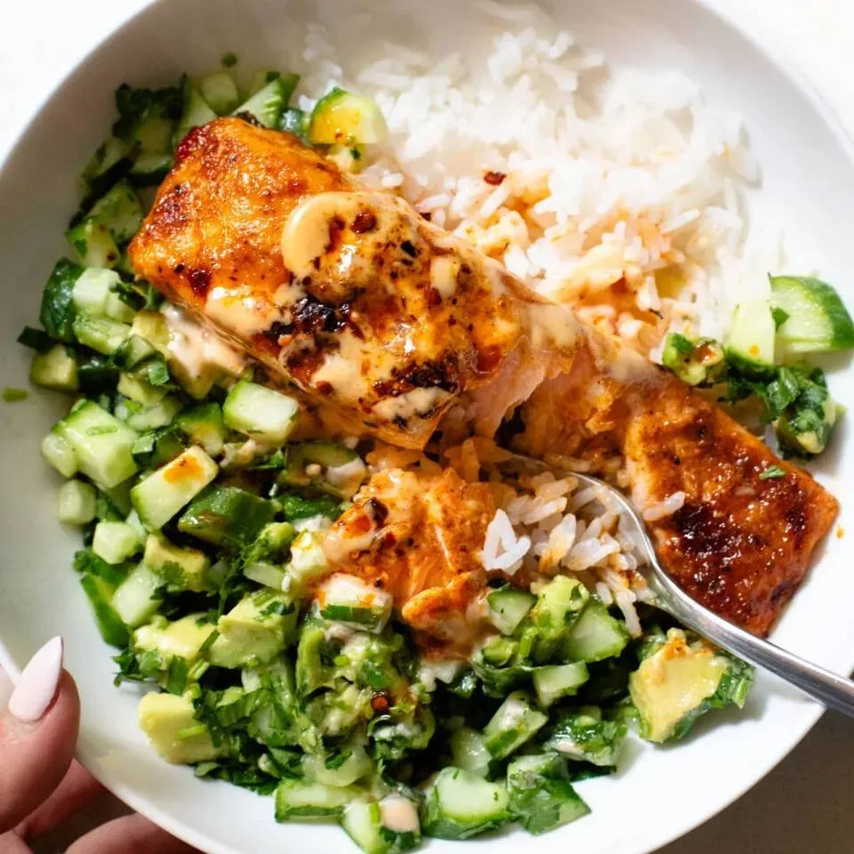 Bang Bang Salmon with Avocado Cucumber Salsa