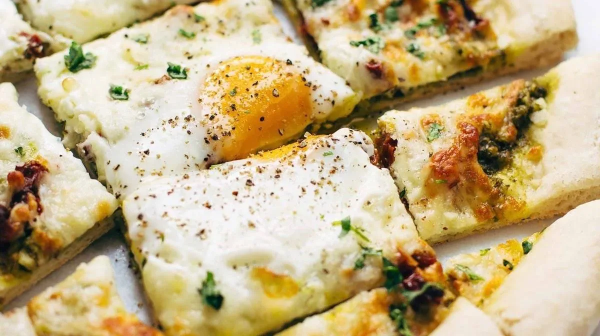 Breakfast Pizza with Kale Pesto and Sun Dried Tomatoes