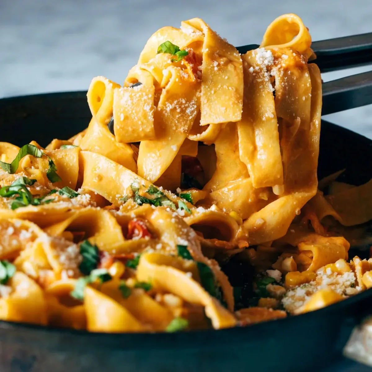 Burst Tomato Pappardelle with Zucchini, Sweet Corn, and Pan-Fried Chicken