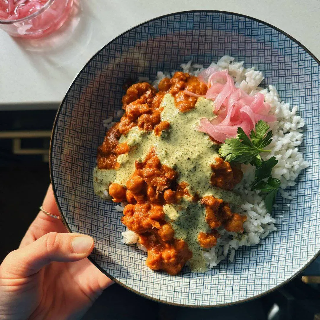 Butter Cauliflower and Chickpeas with Mint Cilantro Sauce