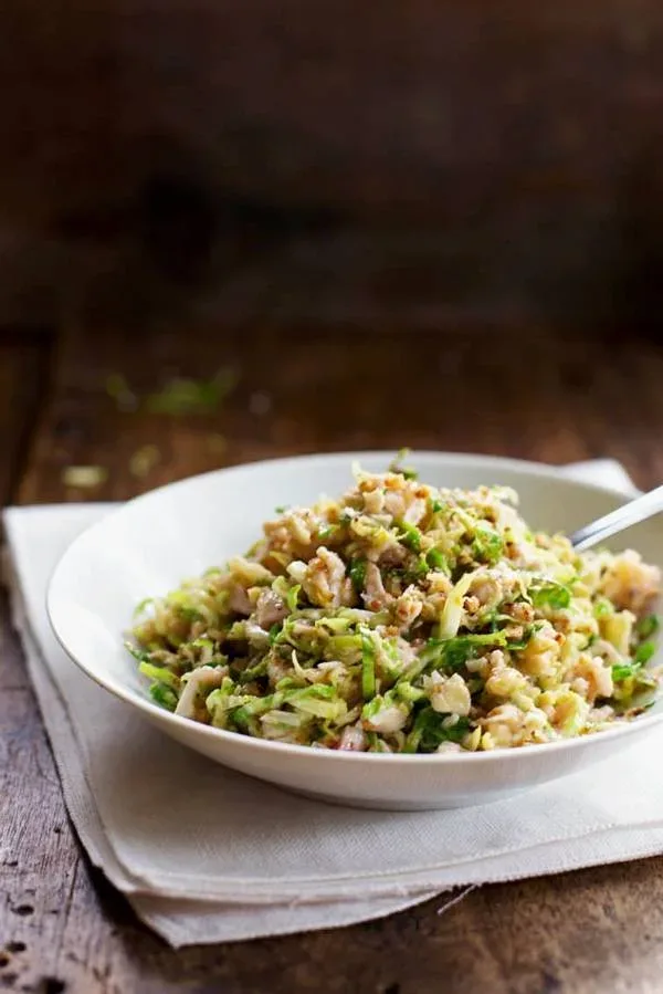 Chopped Brussels Sprout Salad with Chicken and Walnuts