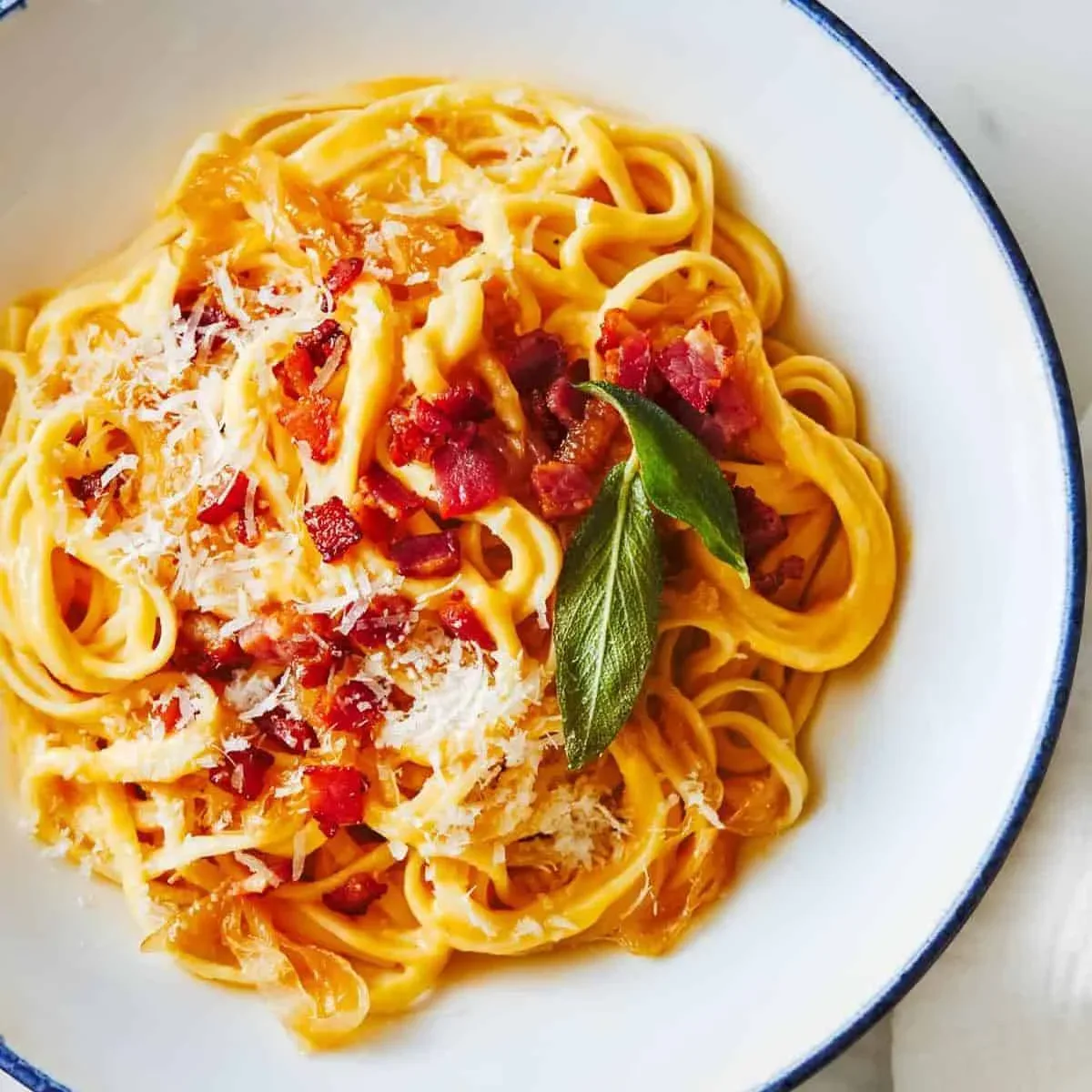 Creamy Squash Fettuccine with Caramelized Onion and Pancetta