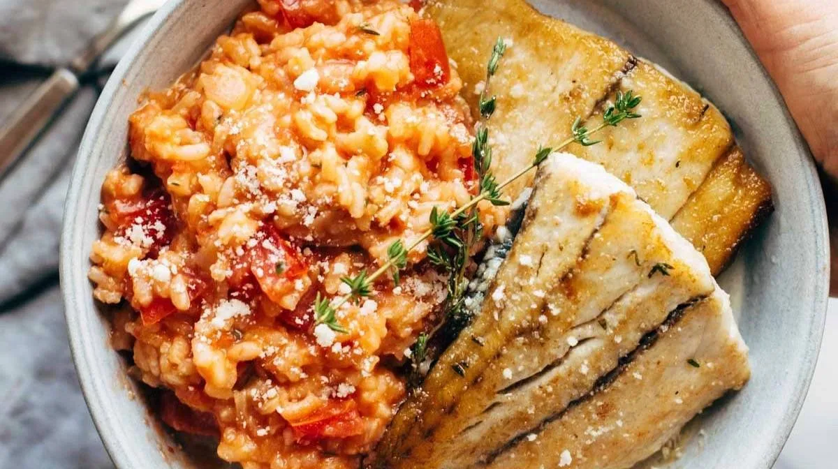 Creamy Tomato Risotto with Pan Fried Barramundi