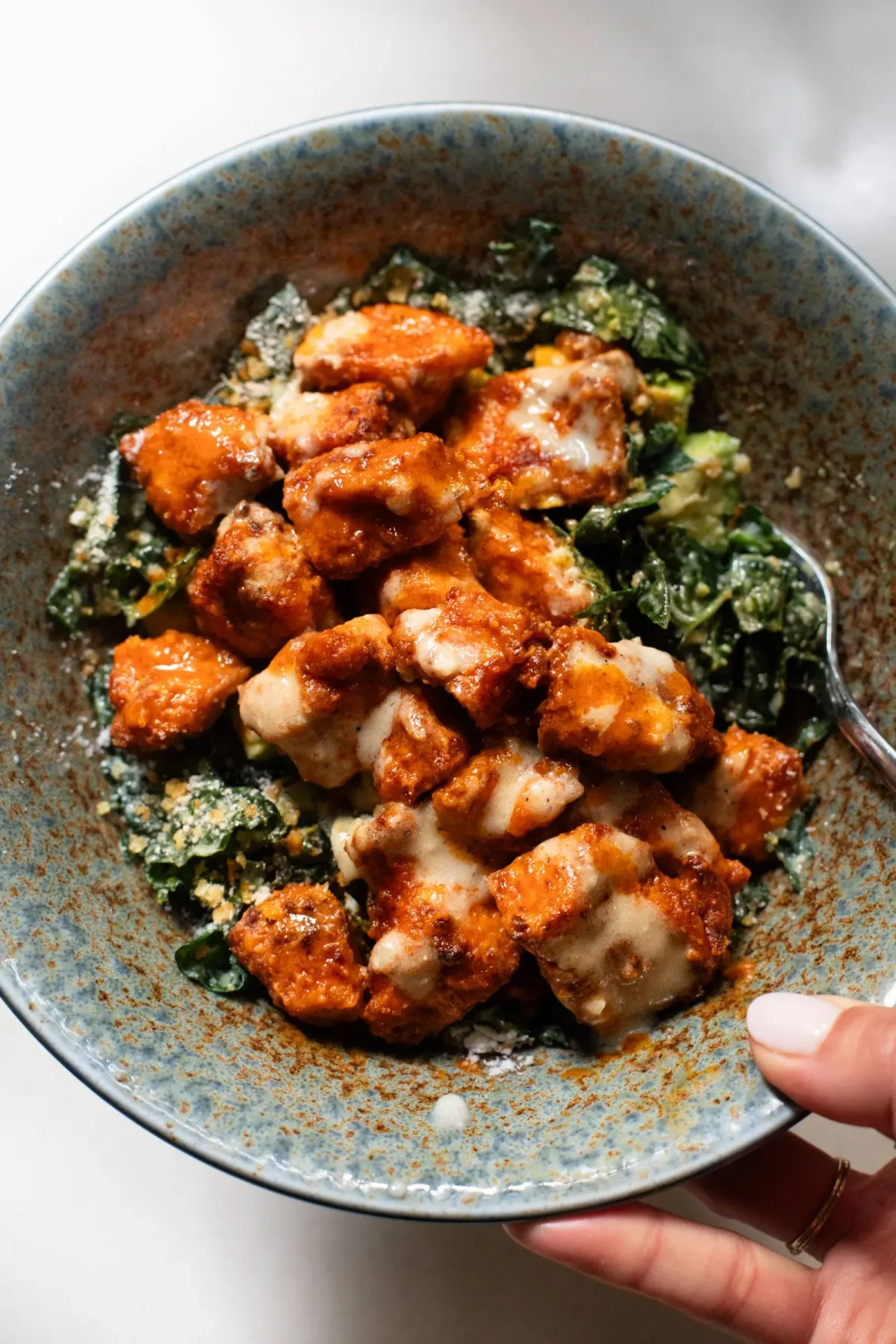 Crispy Buffalo Tofu with Caesar Salad