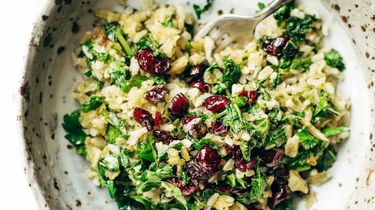 Garlic Kale and Brown Rice Salad with Zippy Lemon Dressing