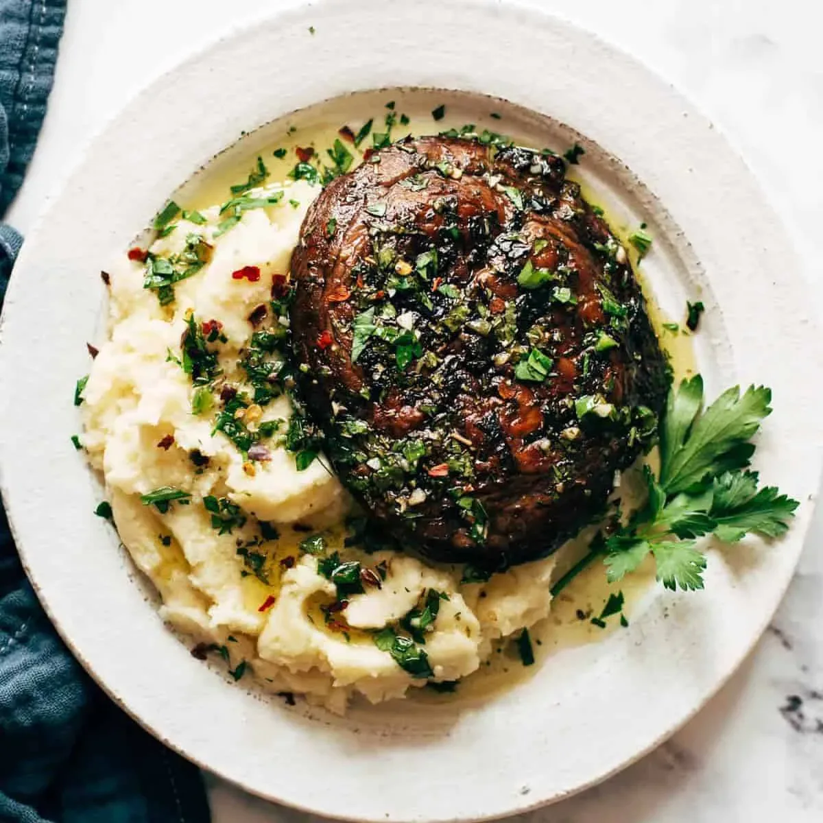 Grilled Chimichurri Portobellos with Goat Cheese Mashed Potatoes