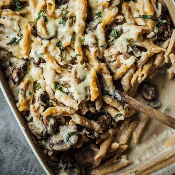 Mushroom Alfredo Penne Bake