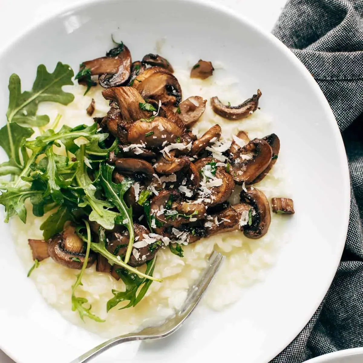 Oven Risotto with Garlic Roasted Mushrooms and Arugula