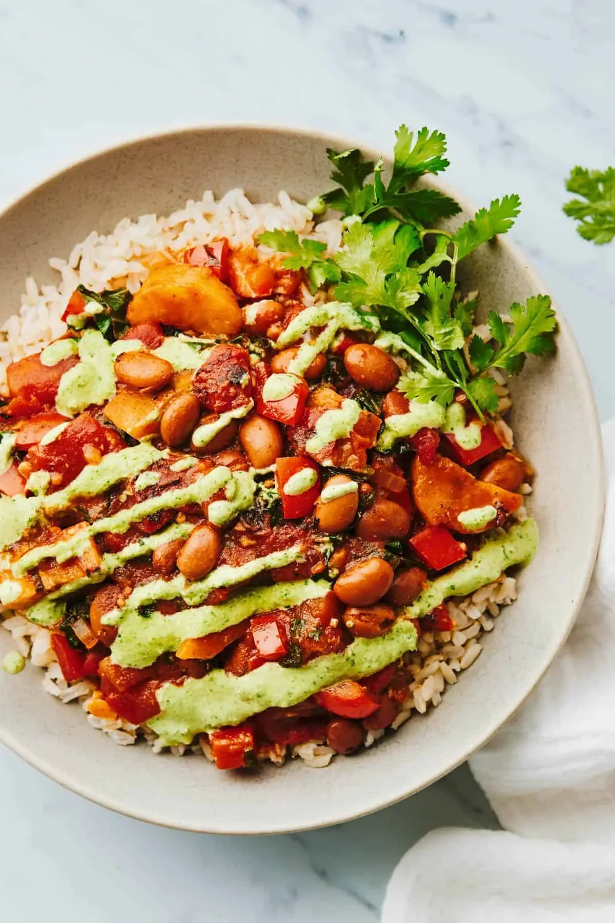 Plantain and Pinto Stew with Aji Verde