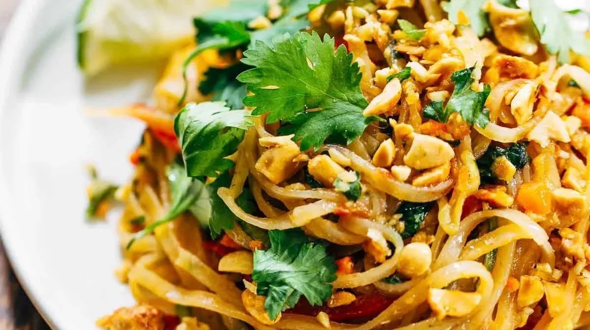 Rainbow Vegetarian Pad Thai with Peanuts and Basil