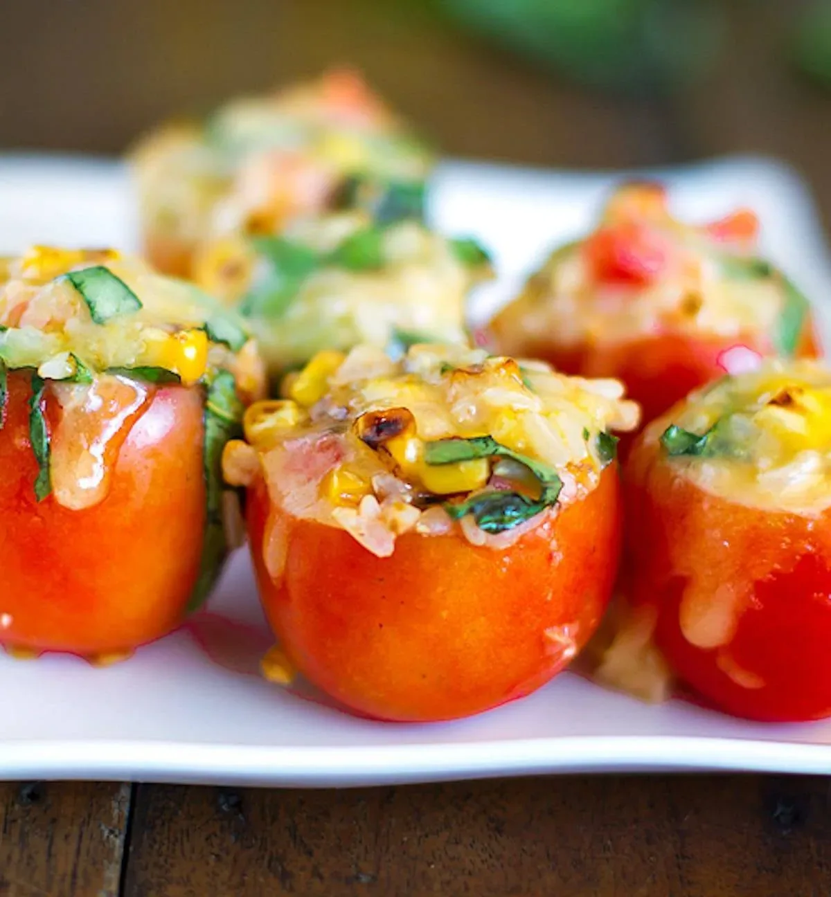 Roasted Corn and Basil Stuffed Tomatoes