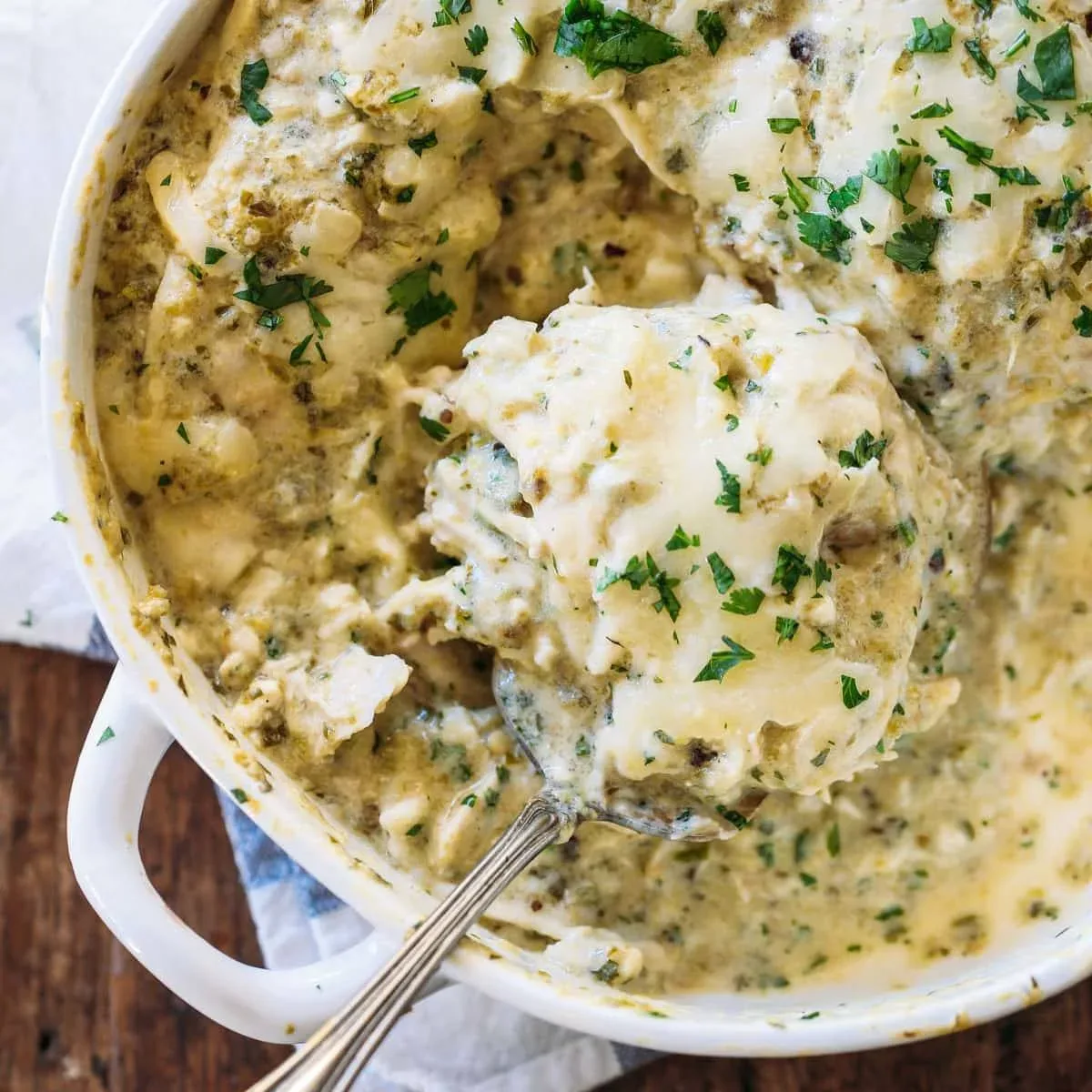Roasted Tomatillo Chicken Enchilada Casserole