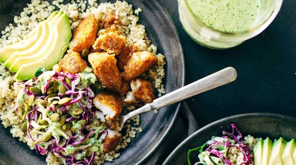 Spicy Fish Taco Bowls with Cilantro Lime Slaw