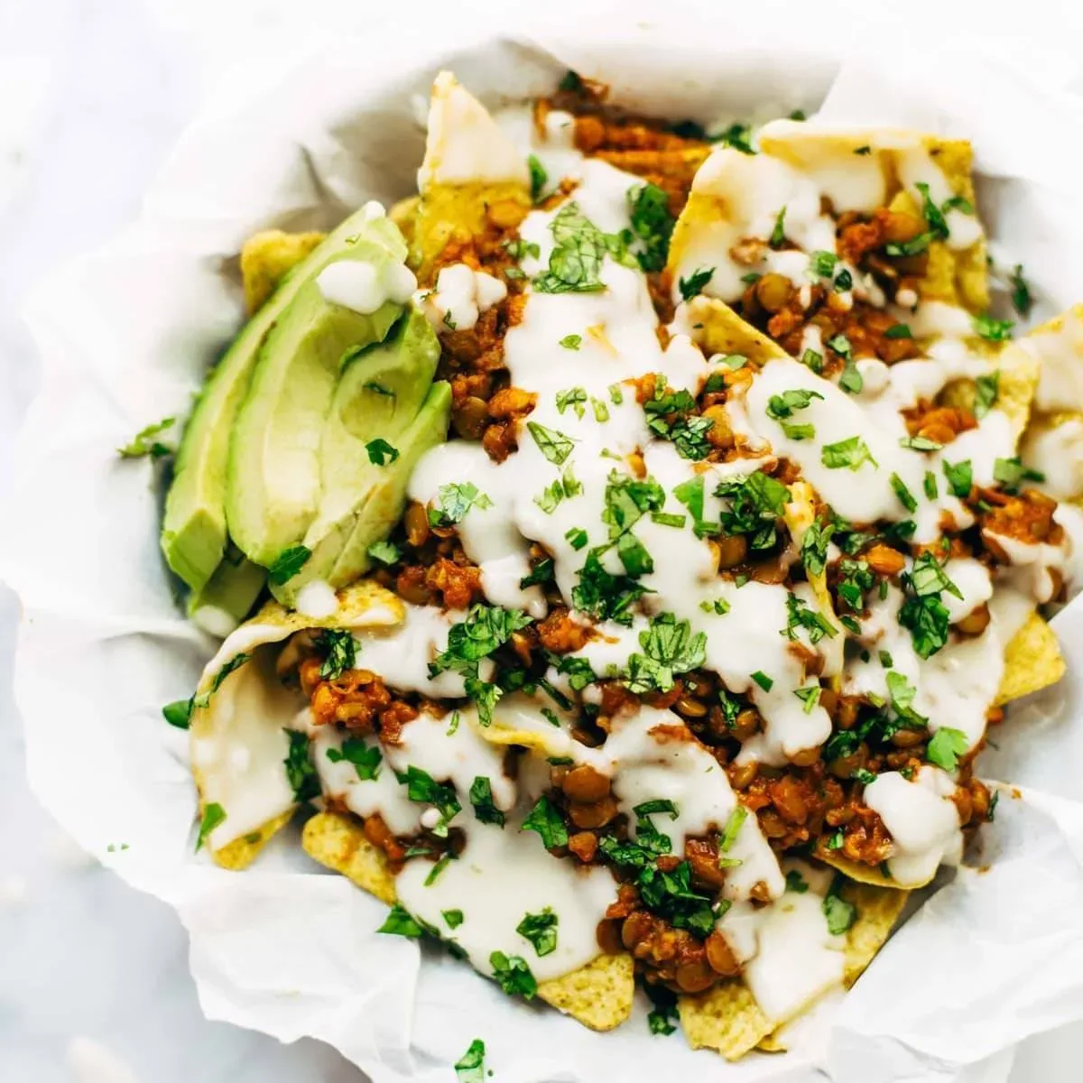 Spicy Lentil Nachos with Three Cheese Sauce