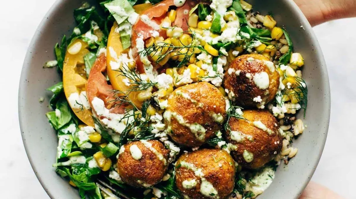 Summer Bliss Bowls with Sweet Potato Fritters and Jalapeño Ranch
