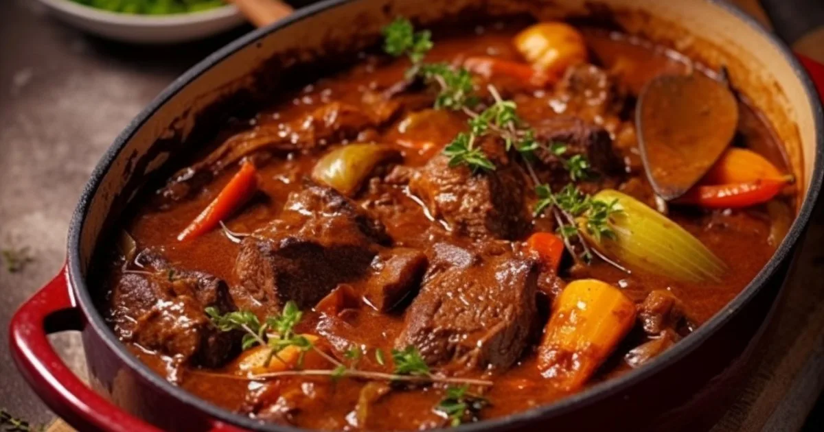 Яловичина з салом і овочами, тушкована в духовці