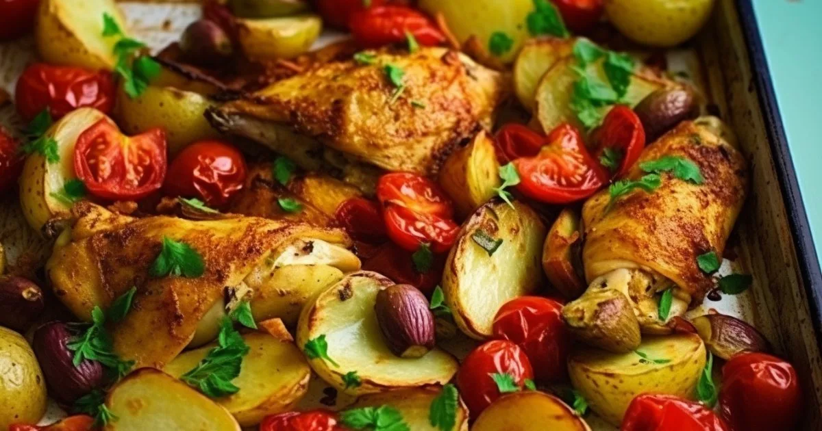 Курячі гомілки карі з молодою картоплею та овочами