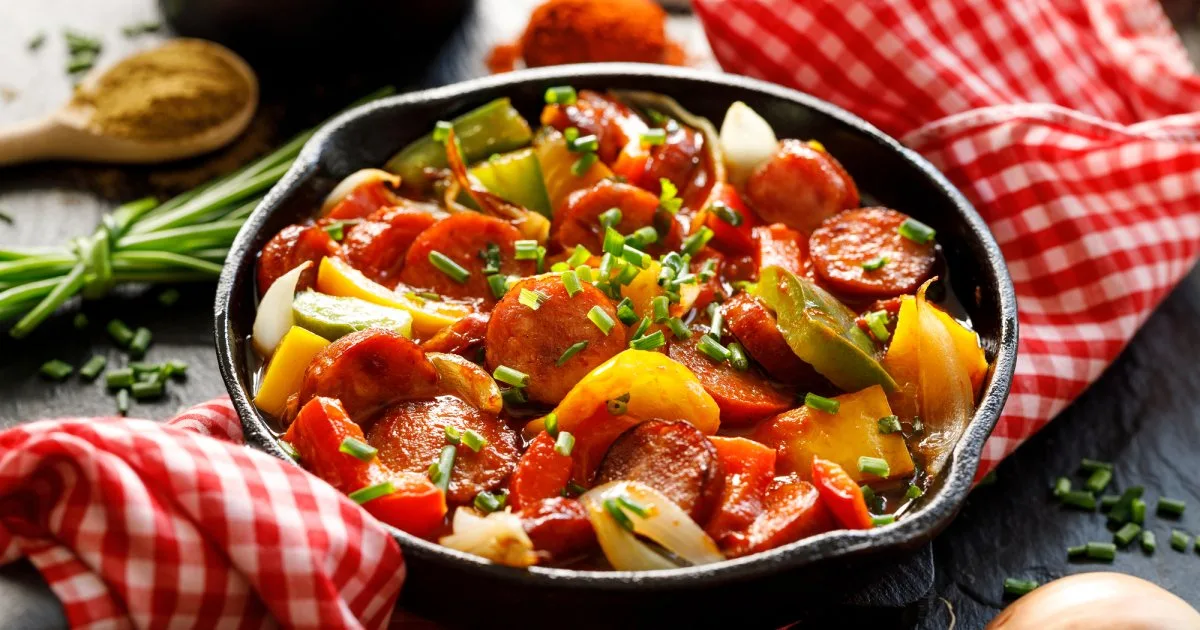 Швидка вечеря: запечені ковбаски з перцем і цибулею